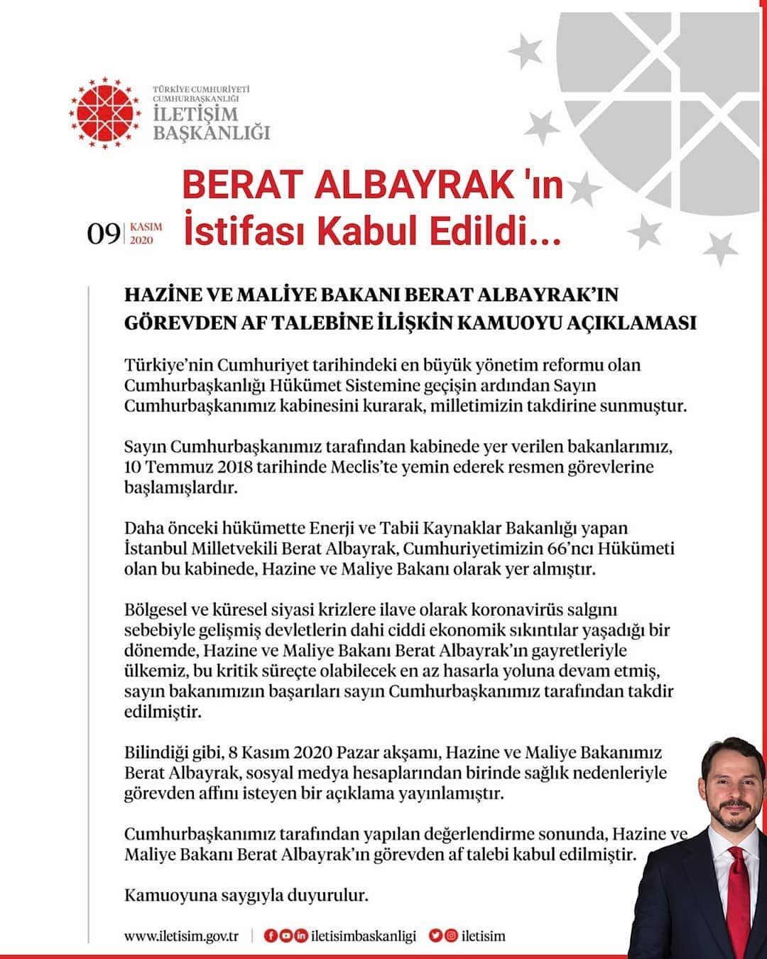 Hazine ve Maliye Bakanı Berat Albayrak 'ın istifası kabul edildi