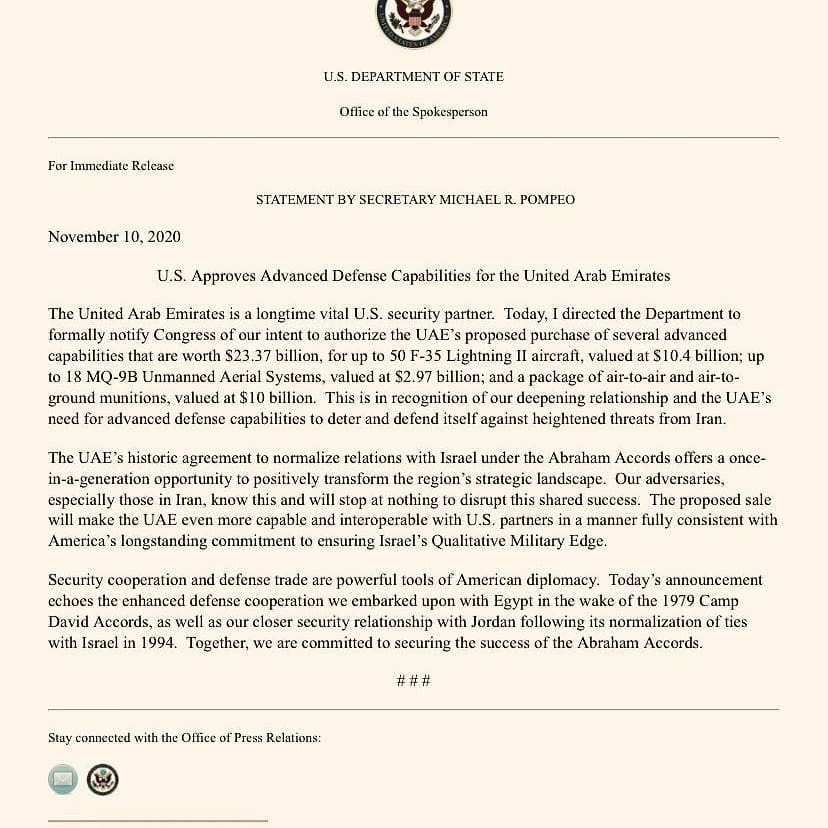 ABD, Birleşik Arap Emirlikleri'ne 50'ye kadar F-35 savaş uçağı ve 18 MQ - 9B drone'un 26,34 milyar dolara satışını resmen onayladı.
