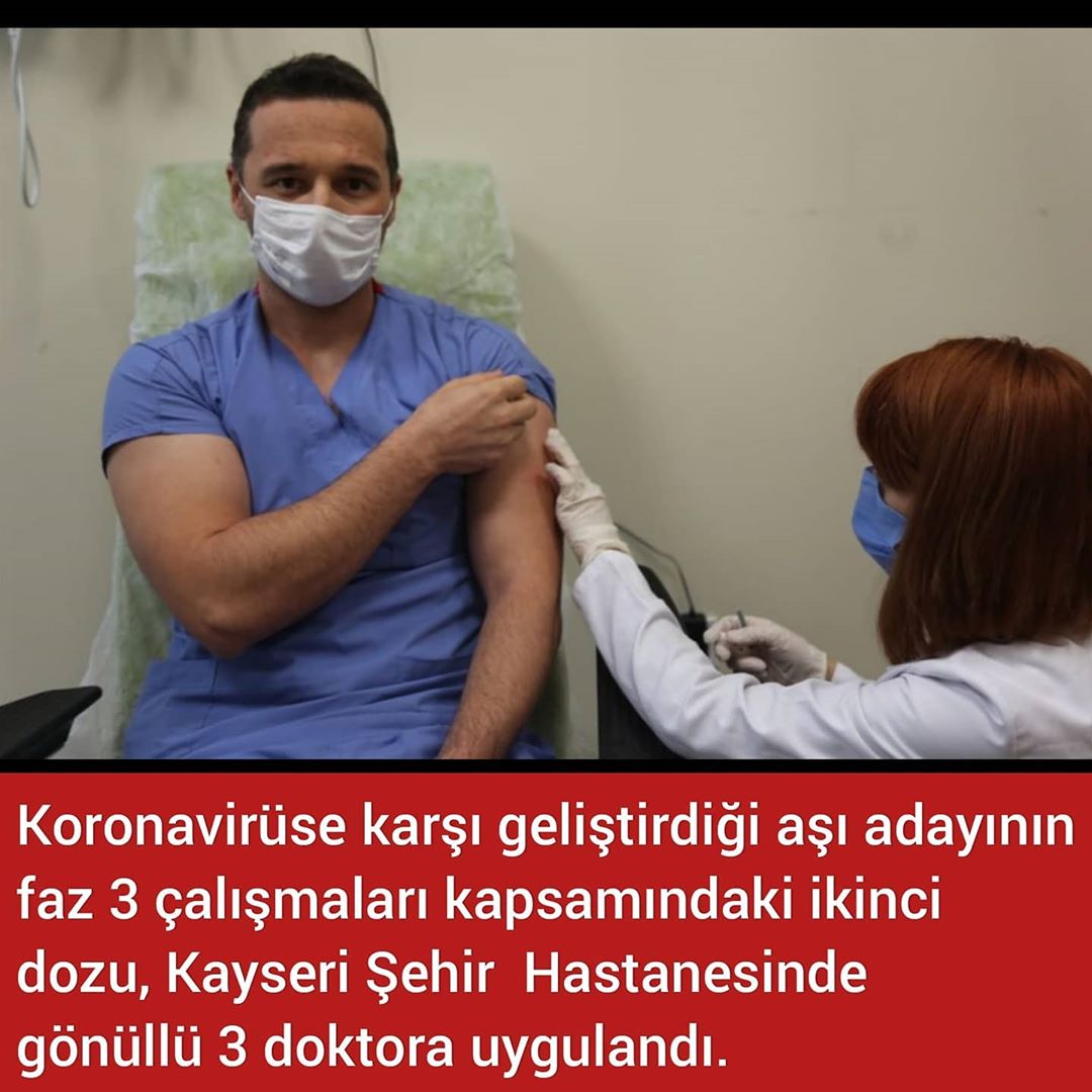Korona virüse karşı geliştirdiği aşı adayının faz 3 çalışmaları kapsamındaki ikinci dozu, Kayseri Şehir Hastanesinde gönüllü 3 doktora uygulandı.