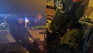 Otoparka düşen otomobil dik durdu