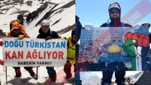 Erciyes'in zirvesinden Filistin ve Doğu Türkistan'a destek