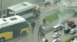 Bursa'da servis minibüsü alev alev yandı, işçiler canlarını zor kurtardı