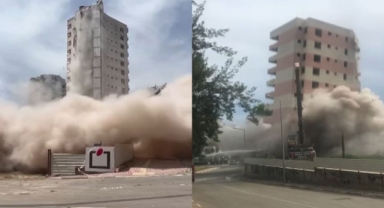 Antalya'da 14 katlı iki bina 40 metre uzaktaki iş makinası tarafından kağıt gibi yıkıldı