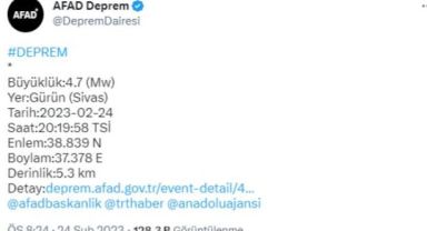 Son Dakika: Sivas'ın Gürün ilçesinde 4.7 büyüklüğünde deprem meydana geldi