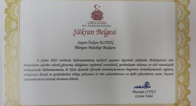 Deprem Bölgesine İlk Ulaşan Ve Tüm İmkanlarını Seferber Eden Bünyan Belediyesine Şükran Belgesi Gönderildi