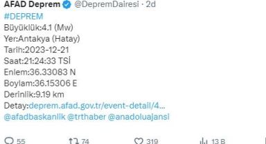 Hatay'da 4,1 büyüklüğünde deprem