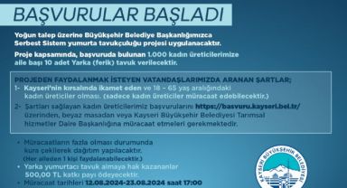 Büyükşehir’in Serbest Sistem Yumurta Tavukçuluğu Projesi’ne Müracaatlar Başladı