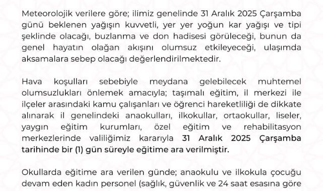 Kayseri'de Kar Tatili: 31 Aralık'ta Okullar Tatil Edildi!