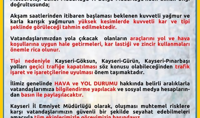 Kayseri’de Kar ve Tipi Alarmı: İl Emniyet Müdürlüğü’nden Sürücülere Kritik Uyarı