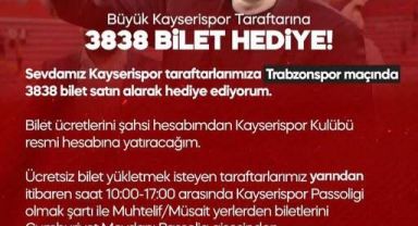 Kayserispor-Trabzonspor Maçı Öncesi Dev Destek: Baki Ersoy'dan 3 Bin 838 Bilet Hediye