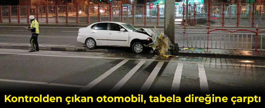 Kontrolden çıkan otomobil, tabela direğine çarptı